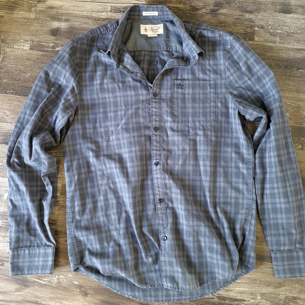 Penguin Shirt Mens M Blue Plaid Cotton Heritage Slim Fit Pocket Logo Button-Down